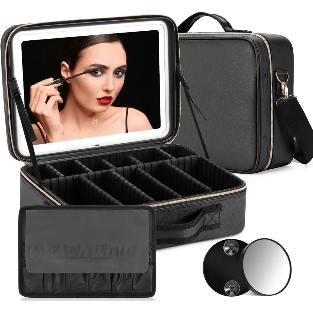 

Travel Makeup Bag with LED Mirror Make up Case with Lighted Mirror 3 Color Setting Cosmetic Makeup Box Organizer Vanity Case