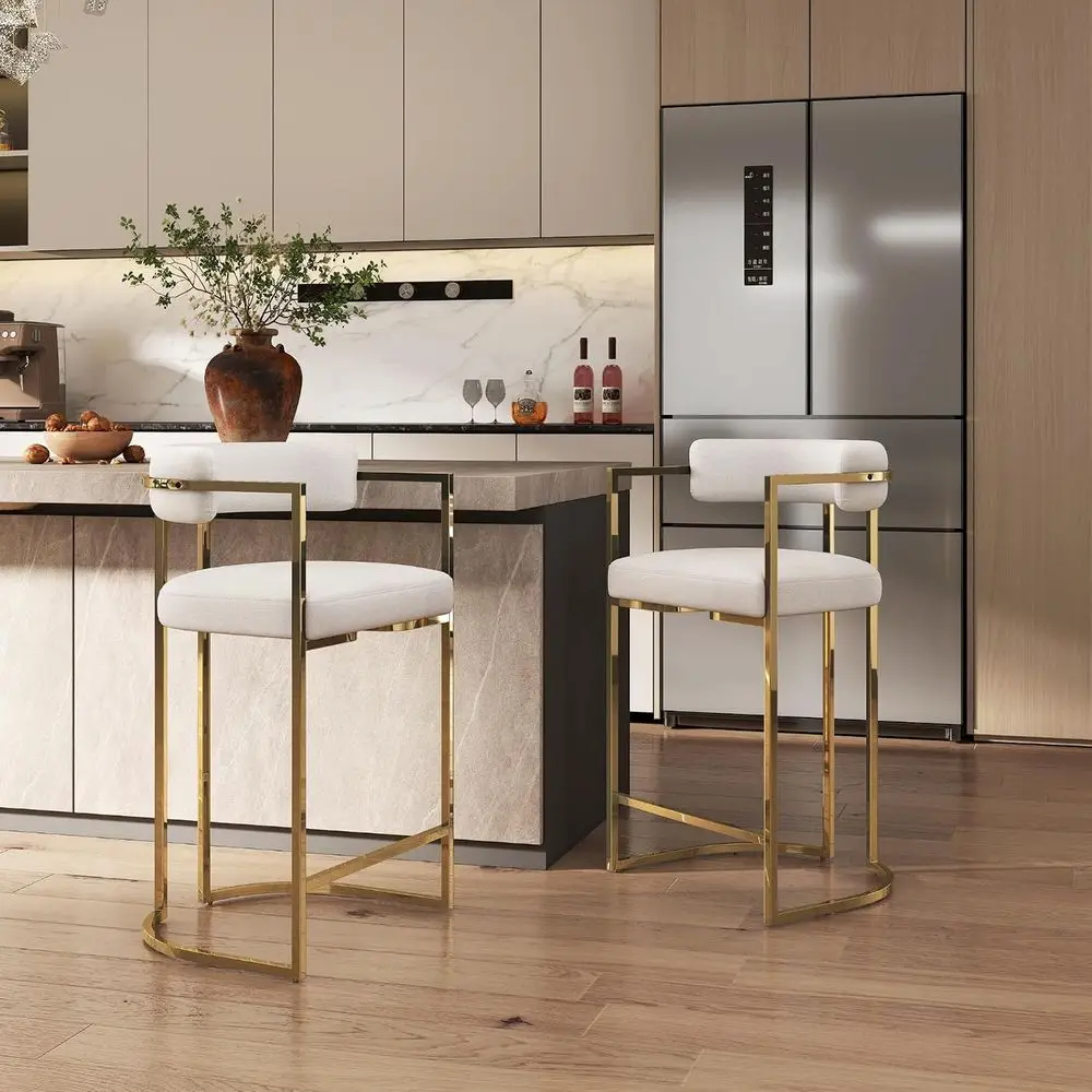 Set of 4 White Barrel-Back Counter Height Barstools with Gold Legs for Kitchen Island or Pub - view 6