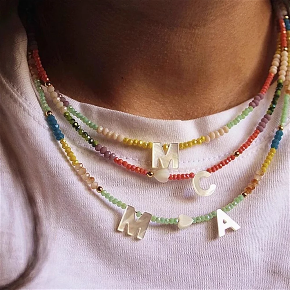 

Dopamine Necklace for Girl Women Friends Colored Rainbow Crystal Beads Natural Shell Name Initial Shell Letter Pendant Necklace