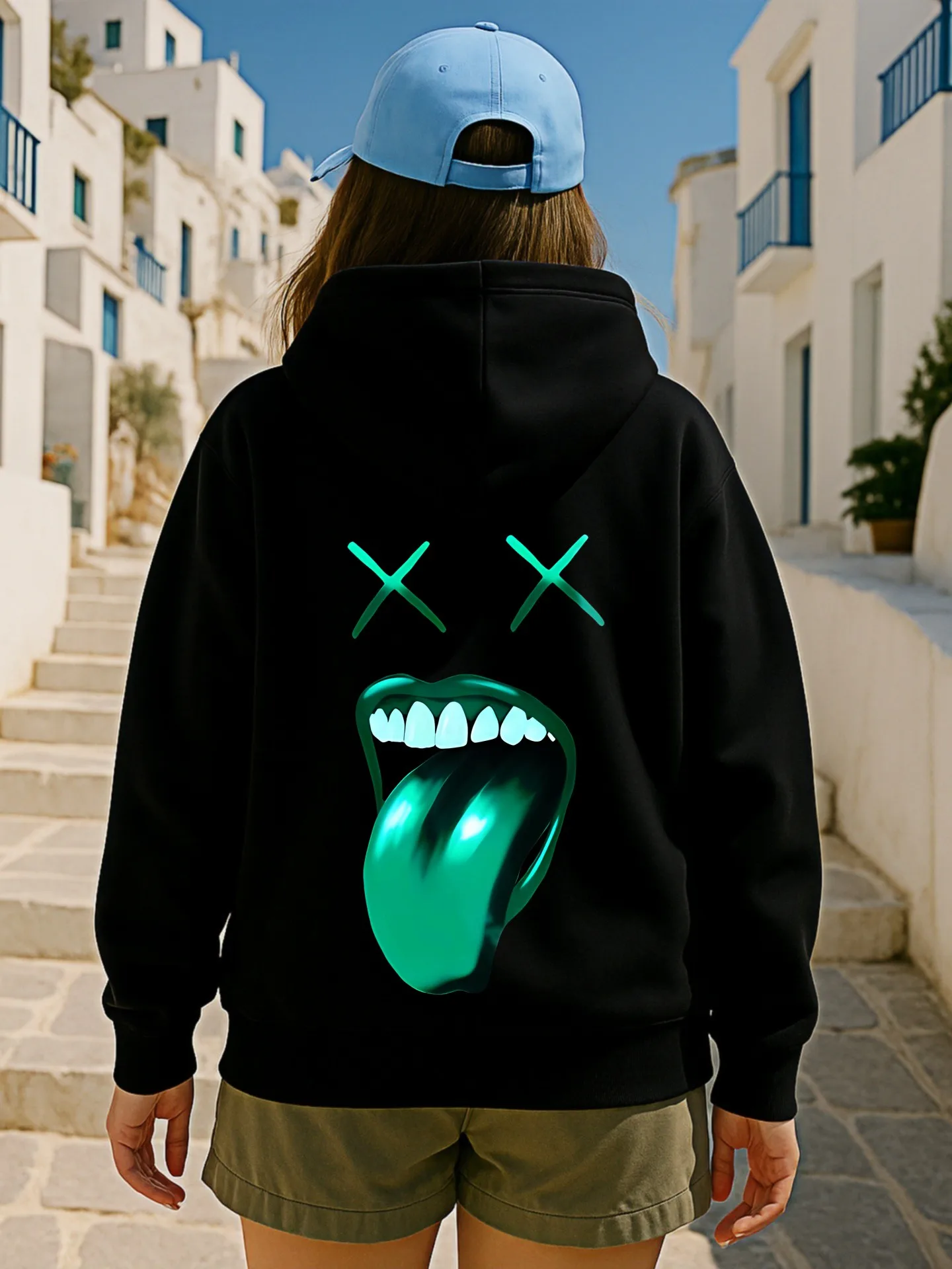 Sudadera con capucha gráfica para mujer, diseño estético, estampado gráfico, ropa de calle informal, tela cómoda, uso diario informal, para adolescentes