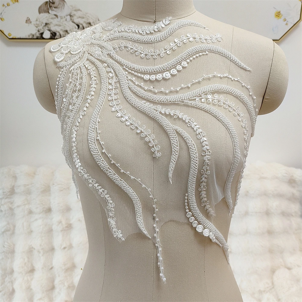 Ivory Beaded Crystal Accessories Profiling Appliqued Wedding Fabric Evening Dress Rhinestone Top Embellishment Material