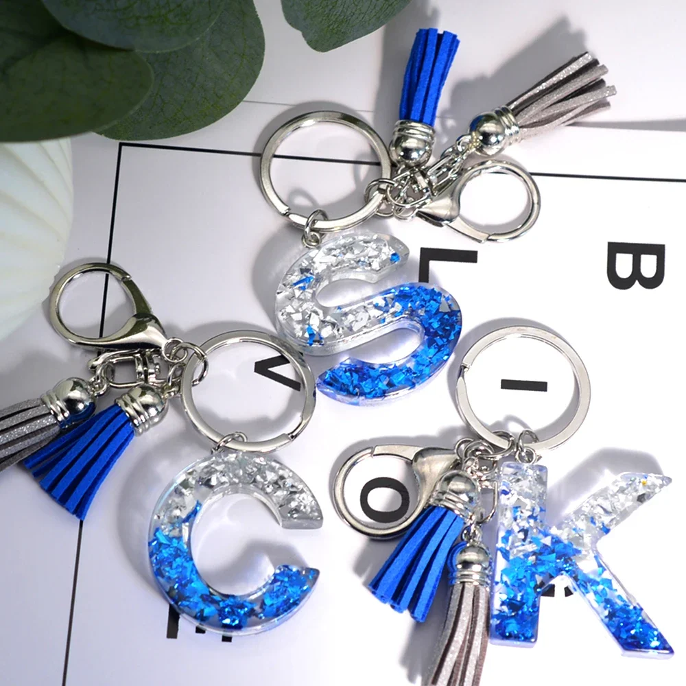 Glacier Sea 26 Initials Resin Keychain A to Z Sequin Filling Keyring for Women Men Blue Gray Tassel Pendant Handbag Accessories