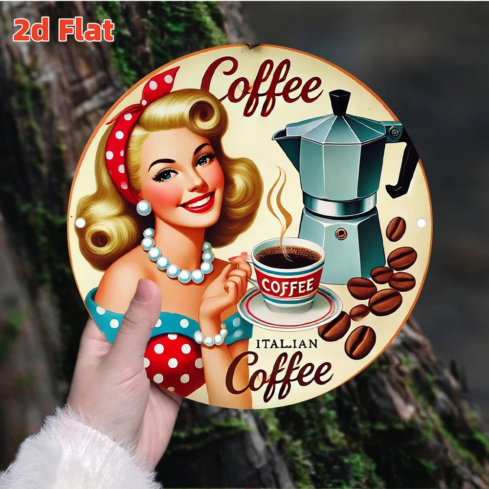 2D planar retro circular wooden card - Italian coffee-themed polka dot design for ladies and espresso machine