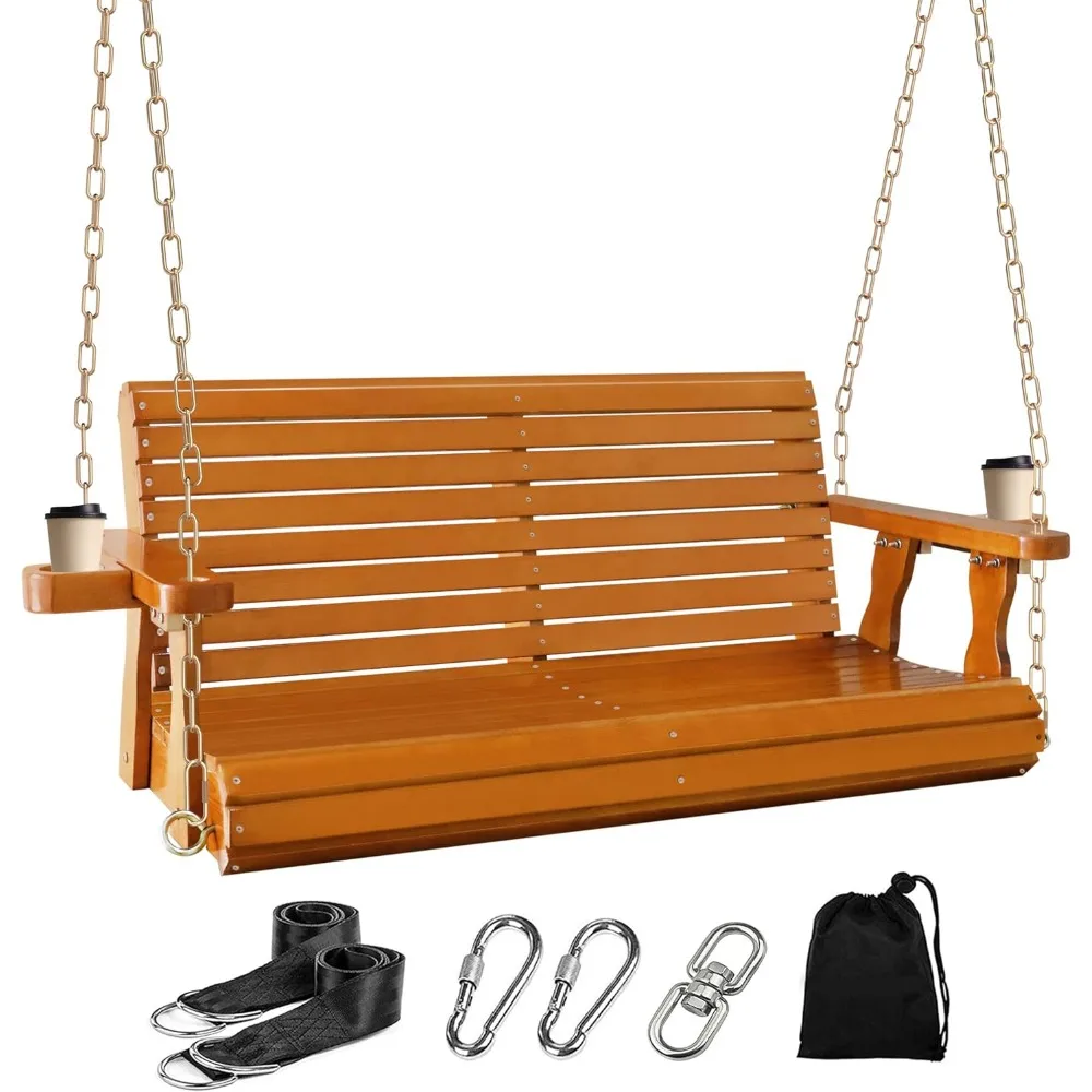 4FT Wooden Porch Swing w/Cupholders,Heavy Duty 800LBS Outdoor Swing Bench w/Chains,Patio Roll Back Swing Chair Bench