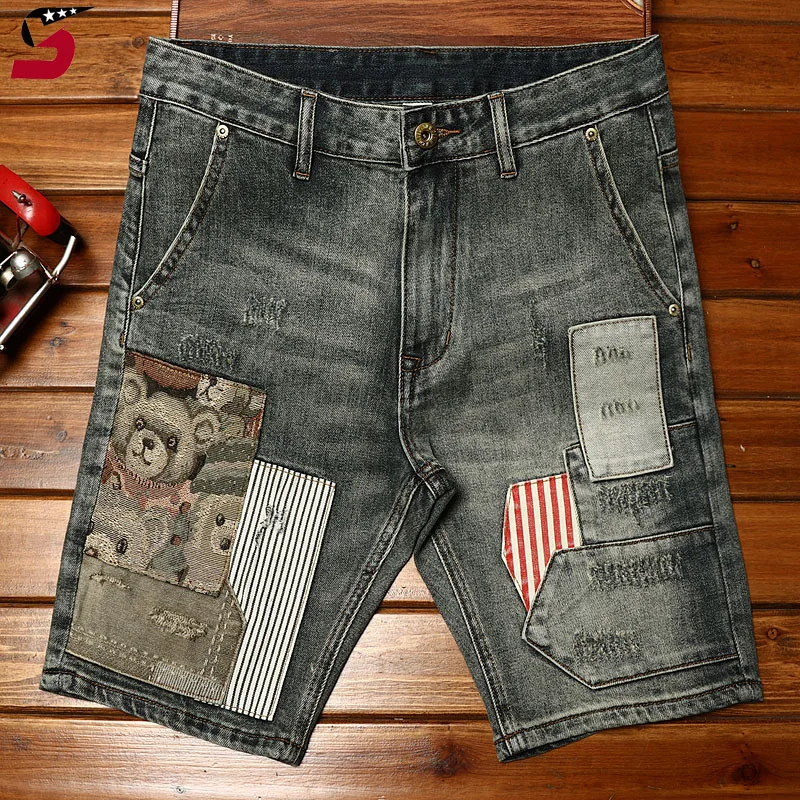 

2024summer high-end patch embroidery denim shorts for men stretch fashion slim-fit trendy Korean casual cropped pants