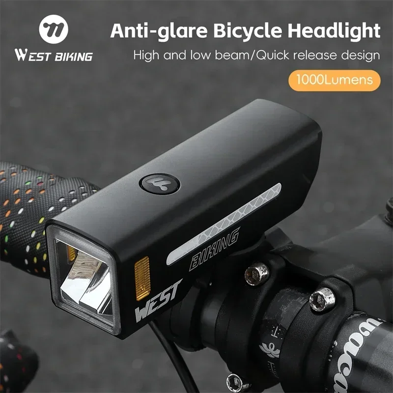 WEST BIKING 1000LM Bicycle Headlights High Brightness 5000mAh Bike Front Light High/Low Beam Anti Glare Quick Release Flashlight