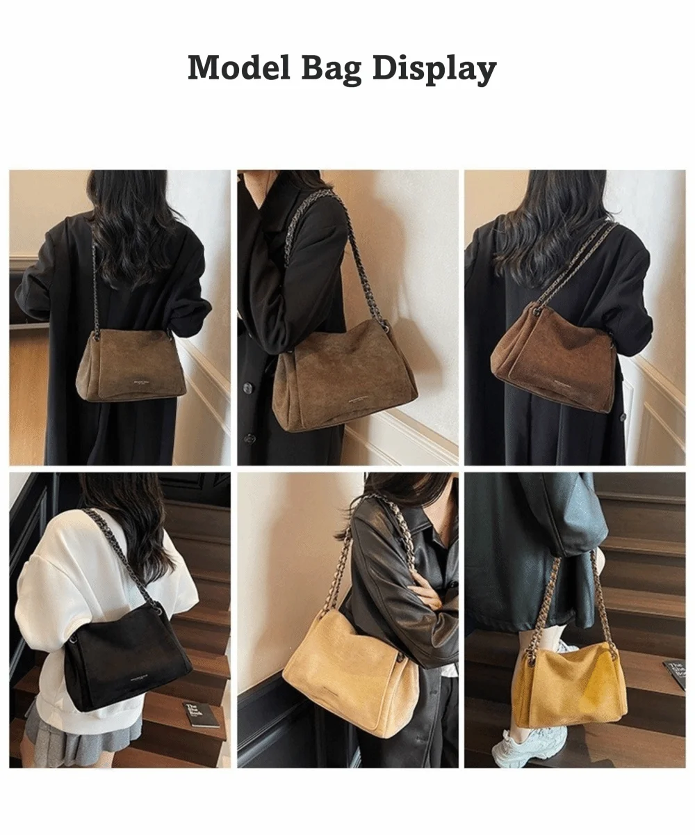 Elegante Retro Damen Schultertasche aus Wildleder, Große Kapazität, Handtasche, Umhängetasche, Einfarbig, Ketten-Unterarmtasche, Herbst Winter – Detail 2