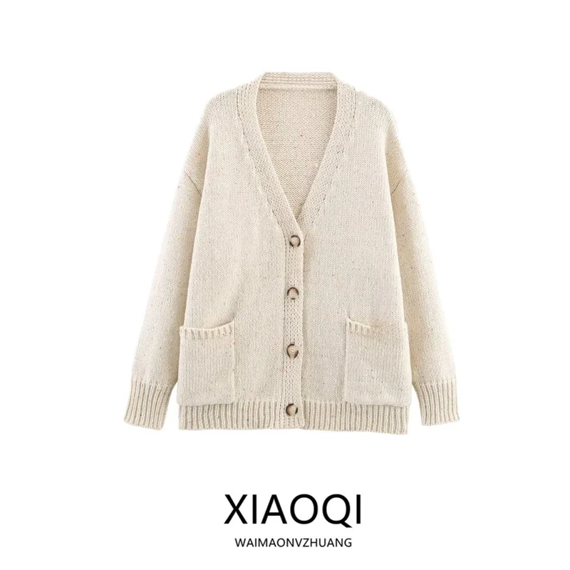 Capispalla da donna lungo lavorato a maglia sciolto Sve V-Ne Nuovo arrivo Autunno 2025 Cardigan aperto con motivo a pois rotondi casual