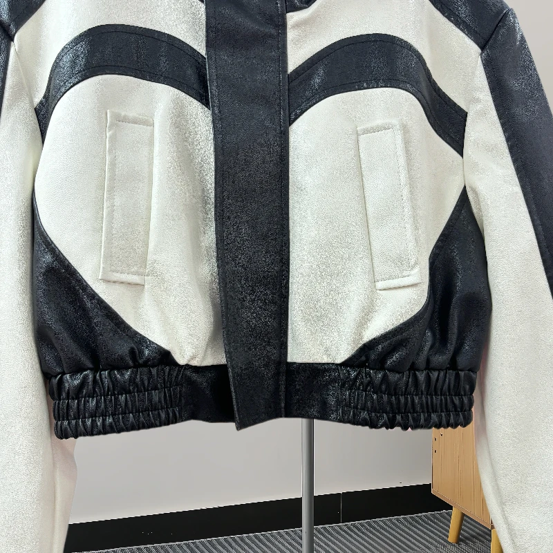 Blouson en similicuir PU femme, streetwear à la mode, avec impression de lettres, patchwork, pour les abonnés aux documents, col montant, manches longues, veste de motard