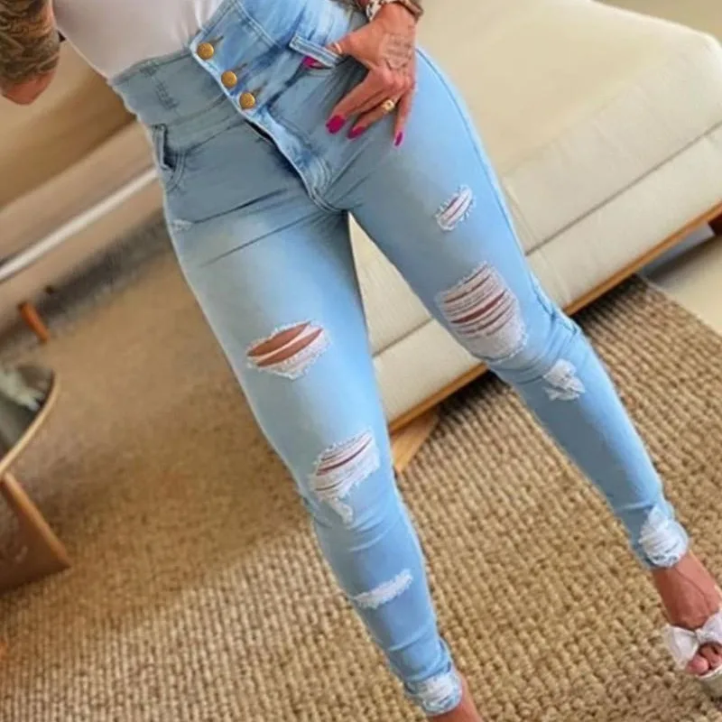 Women Jeans Denim Single Breasted Button High Waist Holes Pencil Pants Zipper Fly Washing Streetwear Slim Pockets 2024