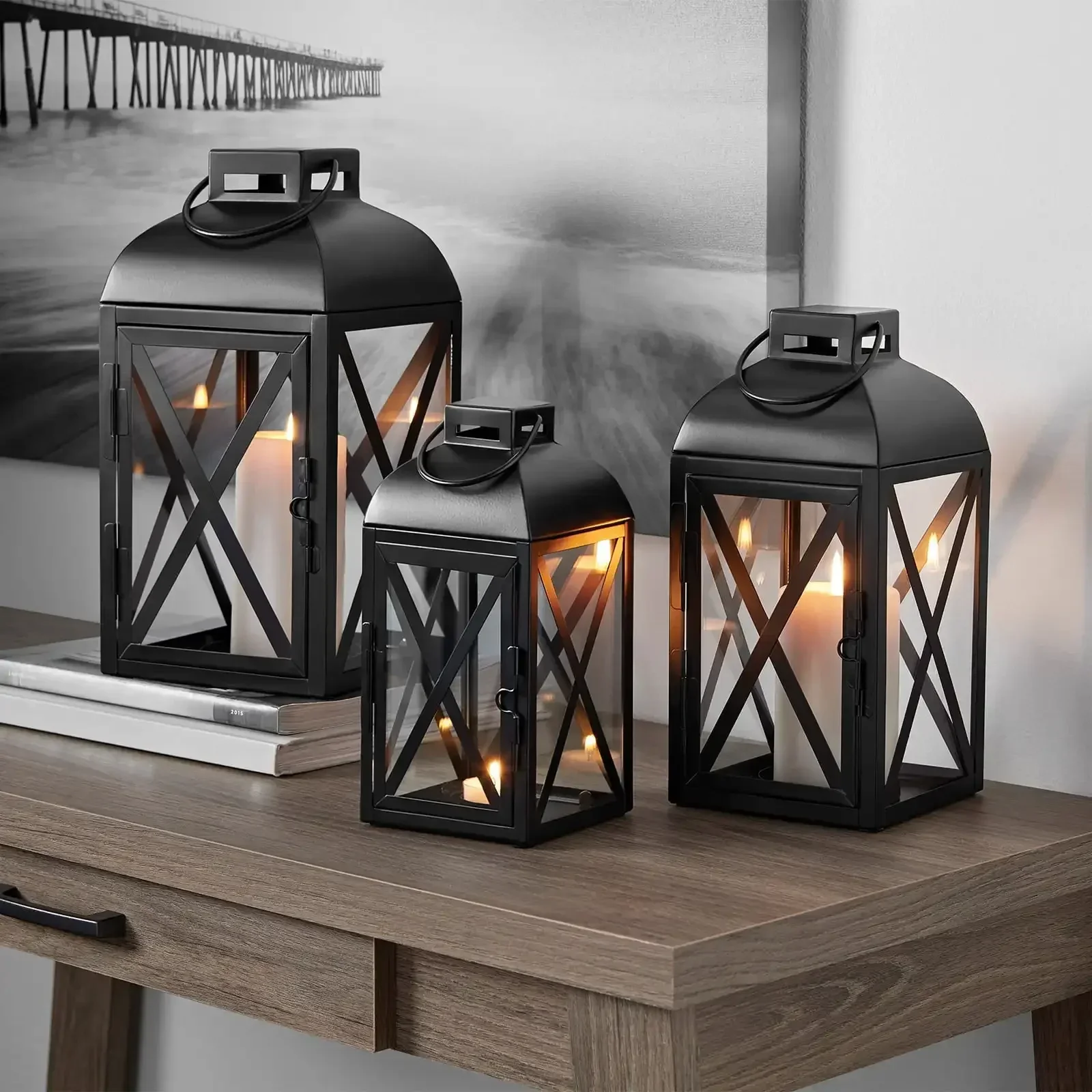 Decorative Black Metal Pillar Candleholder Lantern, 14