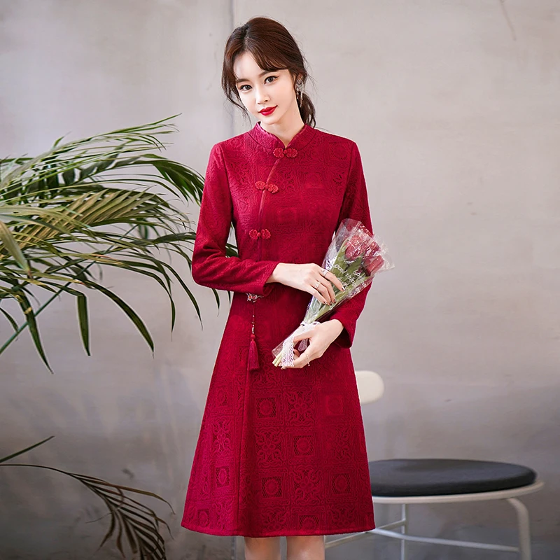 

2022 Chinese Traditional Qipao Dress Women Clothing New Style Stand Collar Vintage Long Sleeve Cheongsam