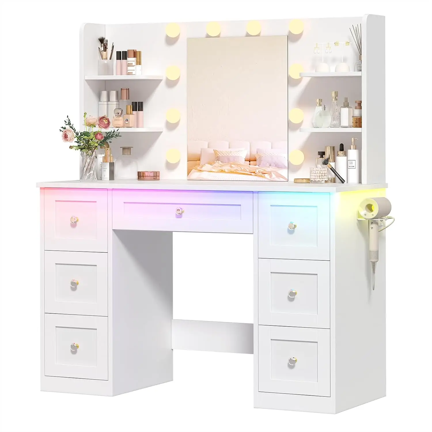 White Vanity Desk with Mirror & Lights, RGB LED & Power Outlets, 7 Drawers & 4 Shelves, 3 Lighting Modes, Bedroom, Customized