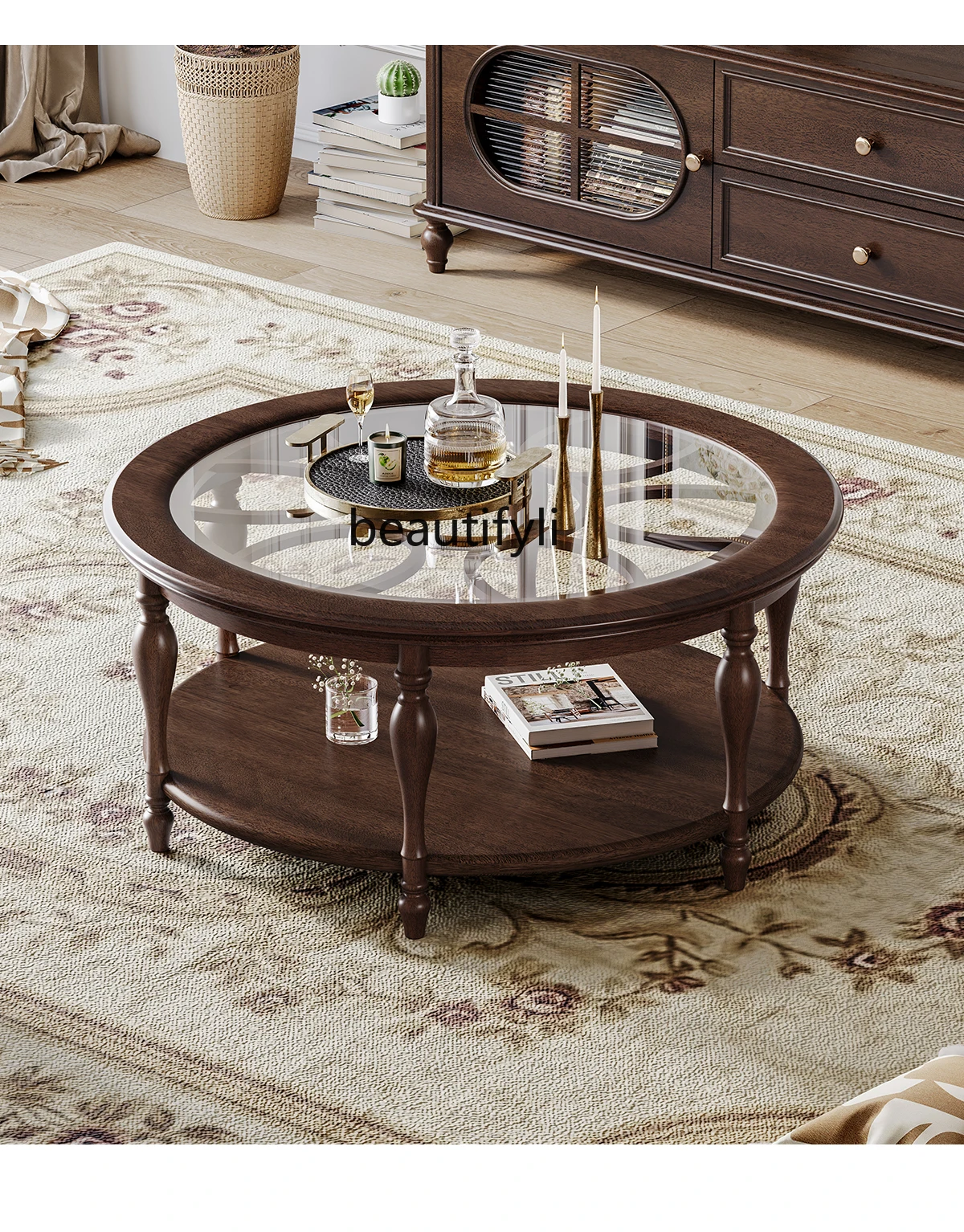 

American Light Luxury round Tea Table Retro Country Solid Wood Living Room Tea Table Household Small Apartment Simple Hollow