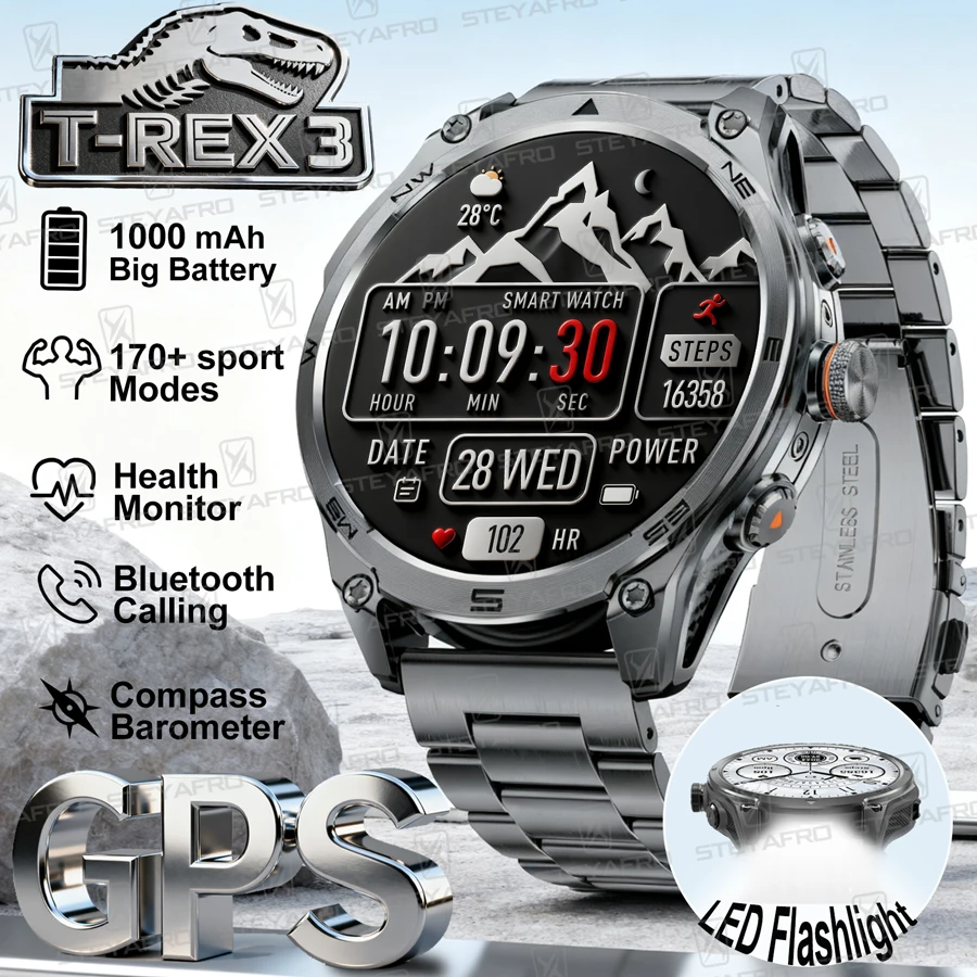 

New Military Smart Watch for Men Built-in GPS 10ATM Waterproof Outdoor Sport Fitness Tracker Health Monitor BT Call For T-rex3
