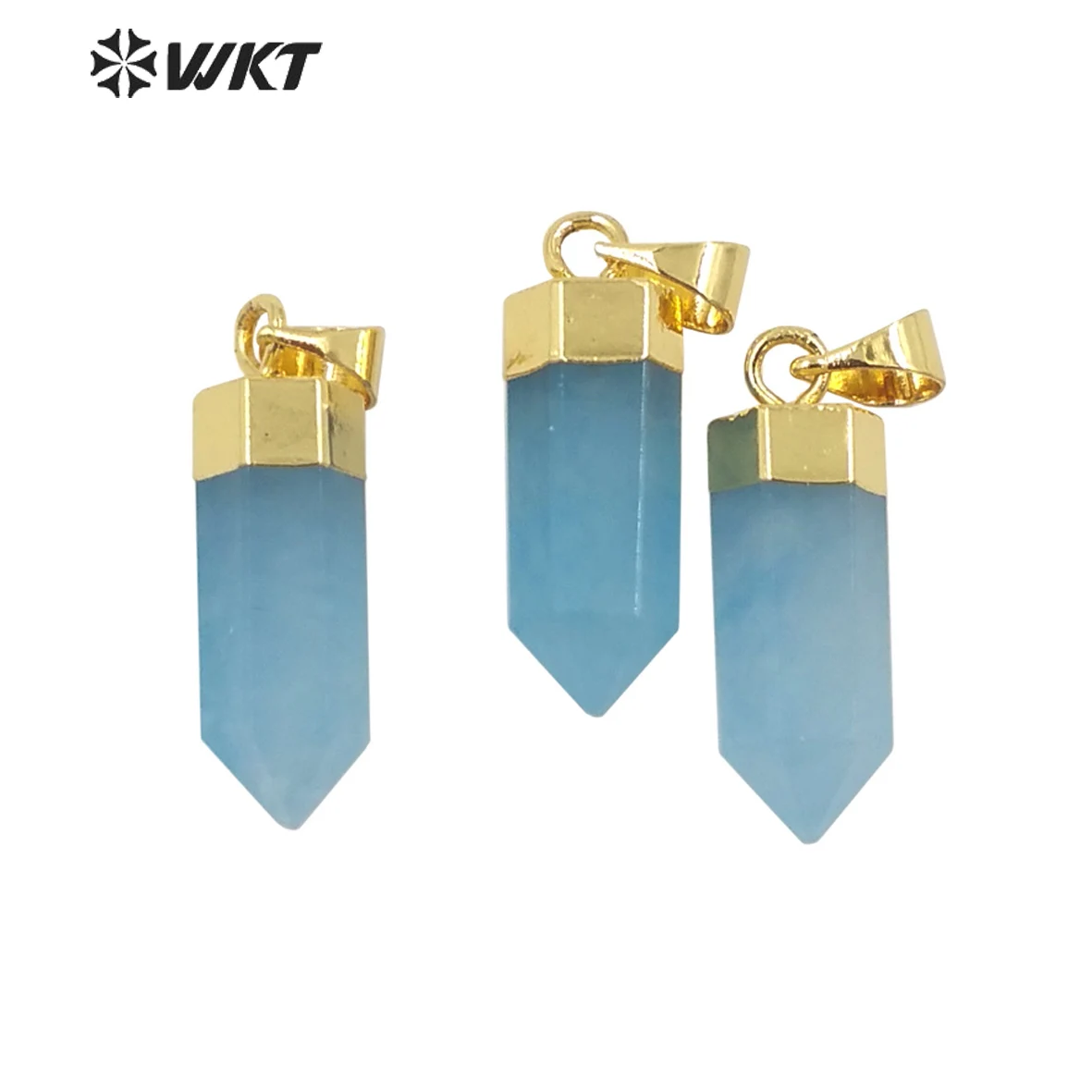 

WT-P1779 WKT Fashion Jewelry Blue Natural Stone Quartz Crystal Gemstones Jewelry Gift Wholesale Crystal Column Aqua Jade Pendant