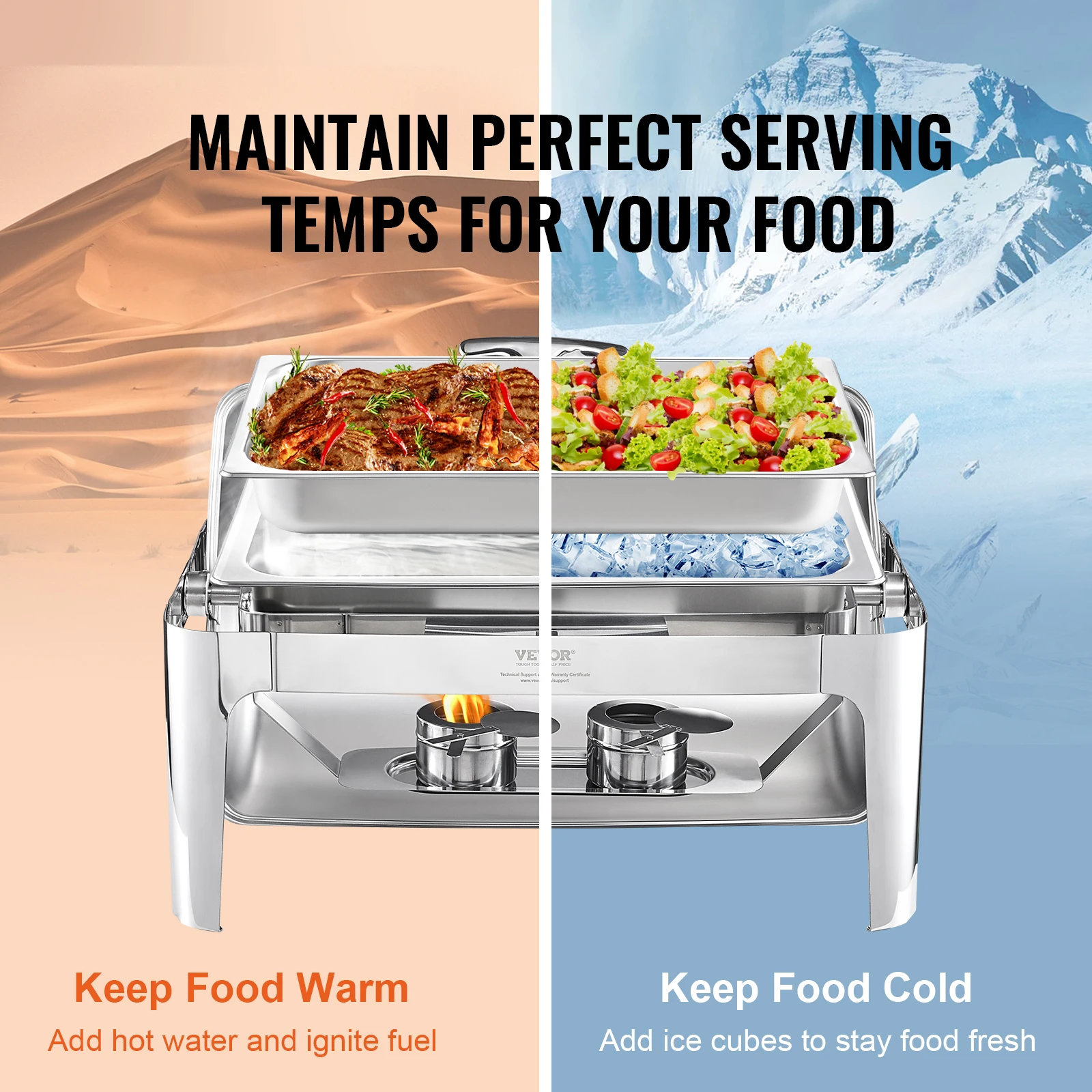 VEVOR Roll Top Chafing Dish Buffet Complete Set 8 Qt Stainless Steel Chafer with Full Size Pan Rectangle Catering Warmer Server