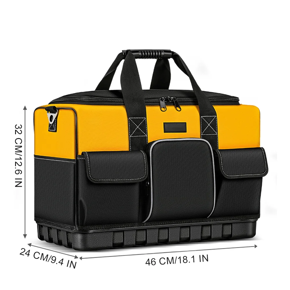 Heavy‑Duty Tool Bag With Hard Waterproof Base Wide Mouth Storage Tote Shoulder Strap For Electrician Carpenter Repair Work