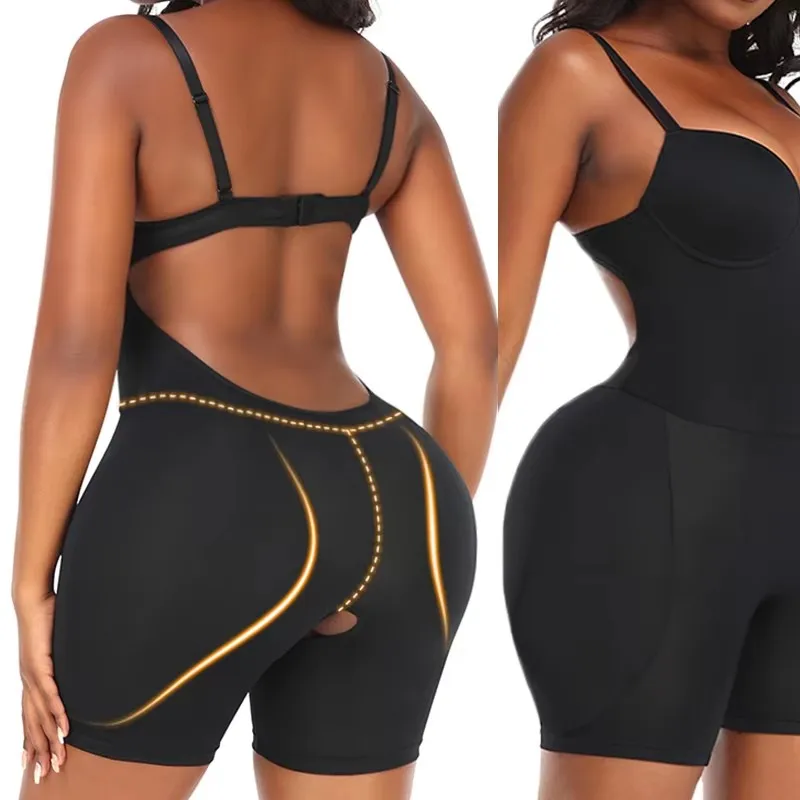 GUUDIA Removable Hip Padded 3D Cup Open Crotch Row Hook Buckle Back Hip Butt Lifter Tummy Control Women Body Shaper Bodysuits