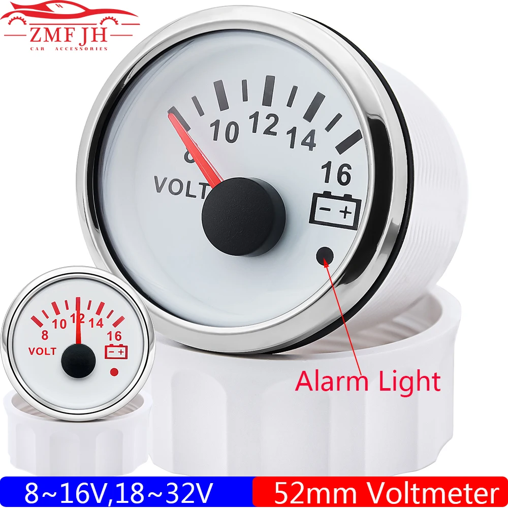 Waterproof Voltmeter 52mm Gauge Voltage with Alarm Light 8-16V 18~32V VOLT for Universal Car Boat Marine 12V 24V