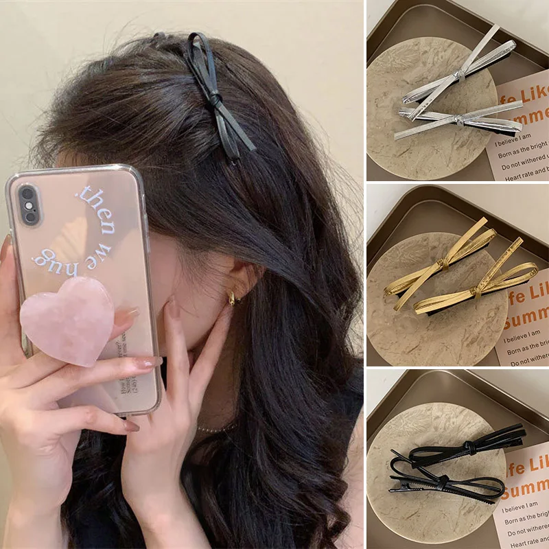 Leather Bow Hair Clips Korean Girl Solid Color Bowknot Duck Tongue Clips Simple Barrettes Sided Clip Fashion Hair Accessories