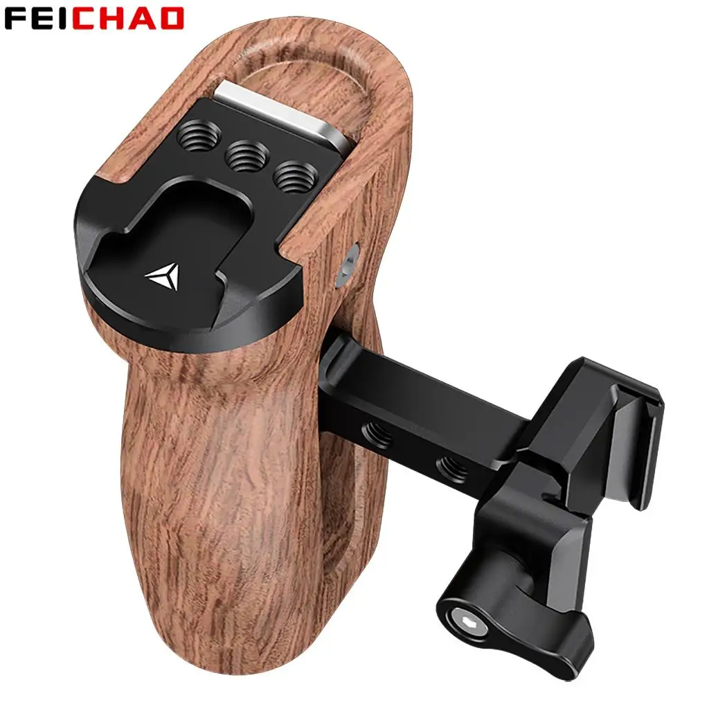 Wooden Side Handle with NATO Calmp Cold Shoe Mount for Left or Right Hand Up and Down Adjustable For DSLR Camera Cage Fill Light