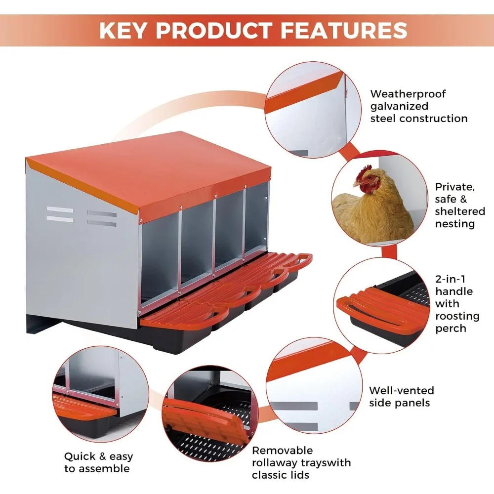 Nichoir à poules en acier galvanisé Garvee avec système d'éclosion des œufs par glissement, plateau de nettoyage extractible sans outils, nid de ponte pour volailles facile à nettoyer