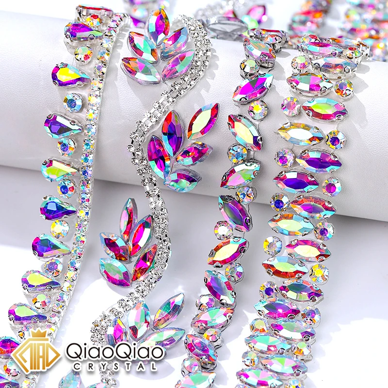 QIAO Rhinestone Trim Crystal AB Hot Fix Ribbon Sparkling Mesh Rhinestone Applique Trim for Dress Wedding Decoration DIY Craft