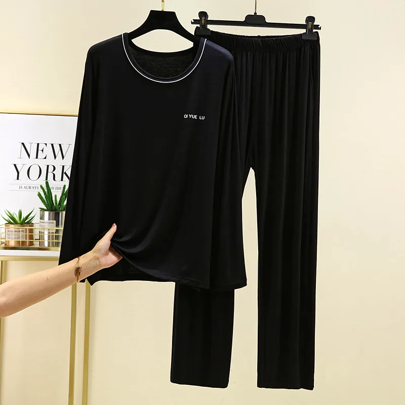 남성용 XL-4XL 파자마 라운드넥 긴팔 잠옷 세트 빅사이즈 모달 파자마 남성 봄 가을 홈웨어 피자마 옴브레