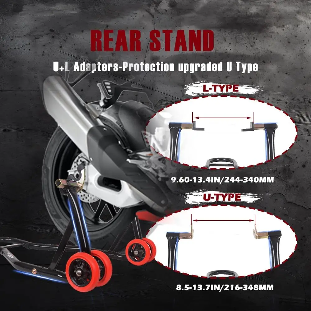 Front Rear Motorcycle Stand, 850lbs Combo Lift with 4 Adapters, Universal Wheel Lift for Parking & Maintenance