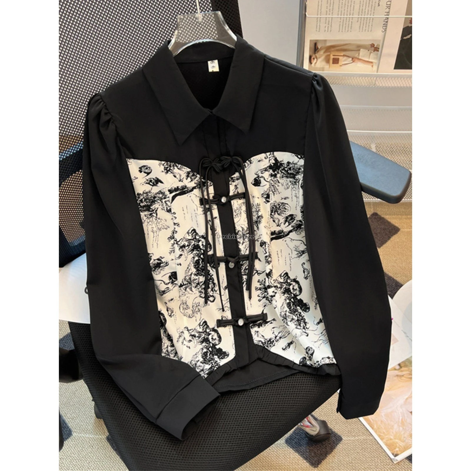 

2024 new chinese women national style cheongsam button tang suit splicing design long sleeve stand collar fashion blouse w354