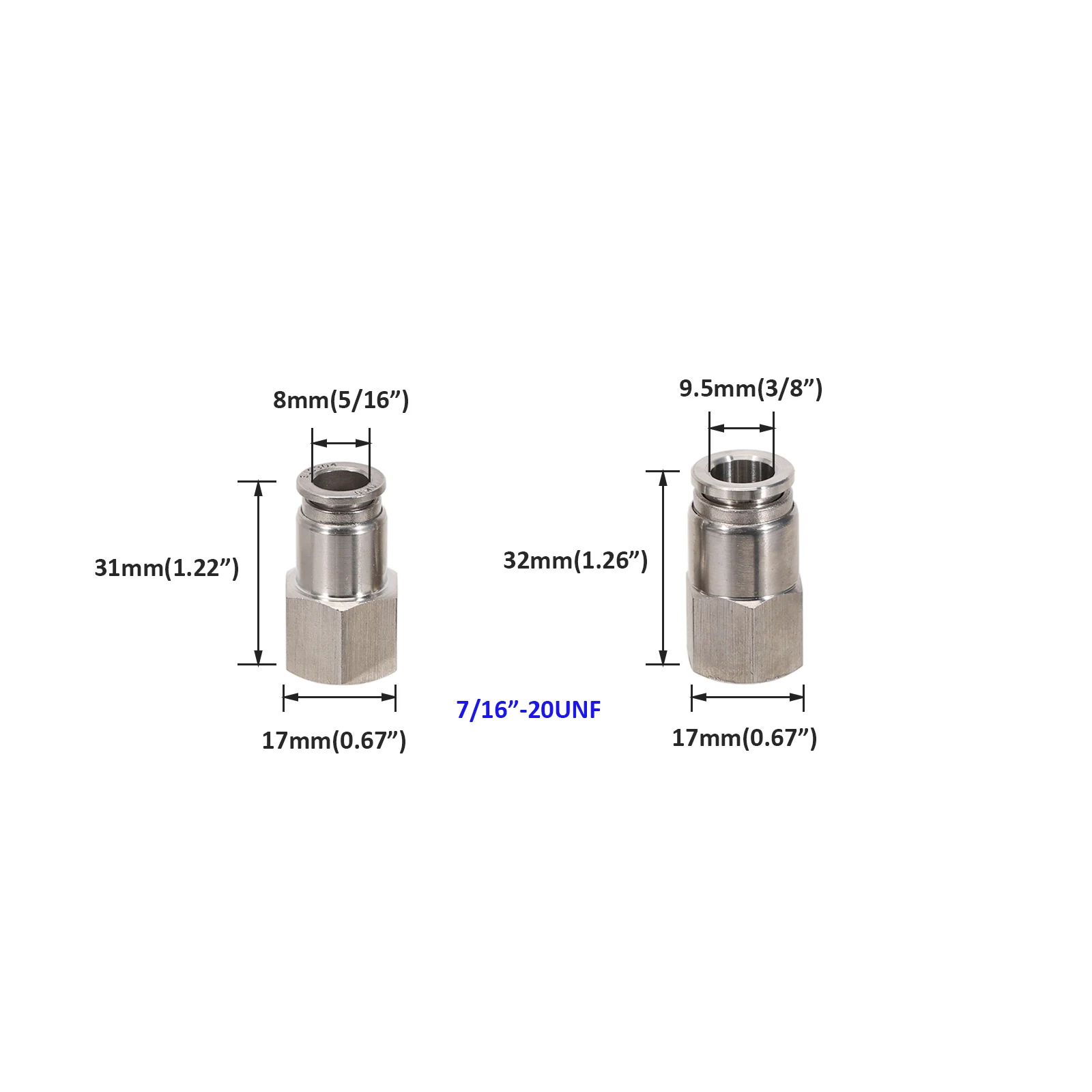 All Stainless Steel 8/9.5mm Push In to 7/16