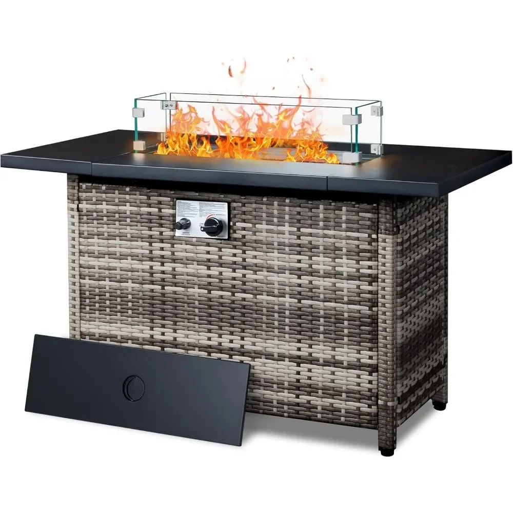 43 Inch Propane Fire Pit Table，50,000 BTU with Steel Lid, Lava Rock, Glass Wind Guard, Waterproof Cover, Gas Firepit Table