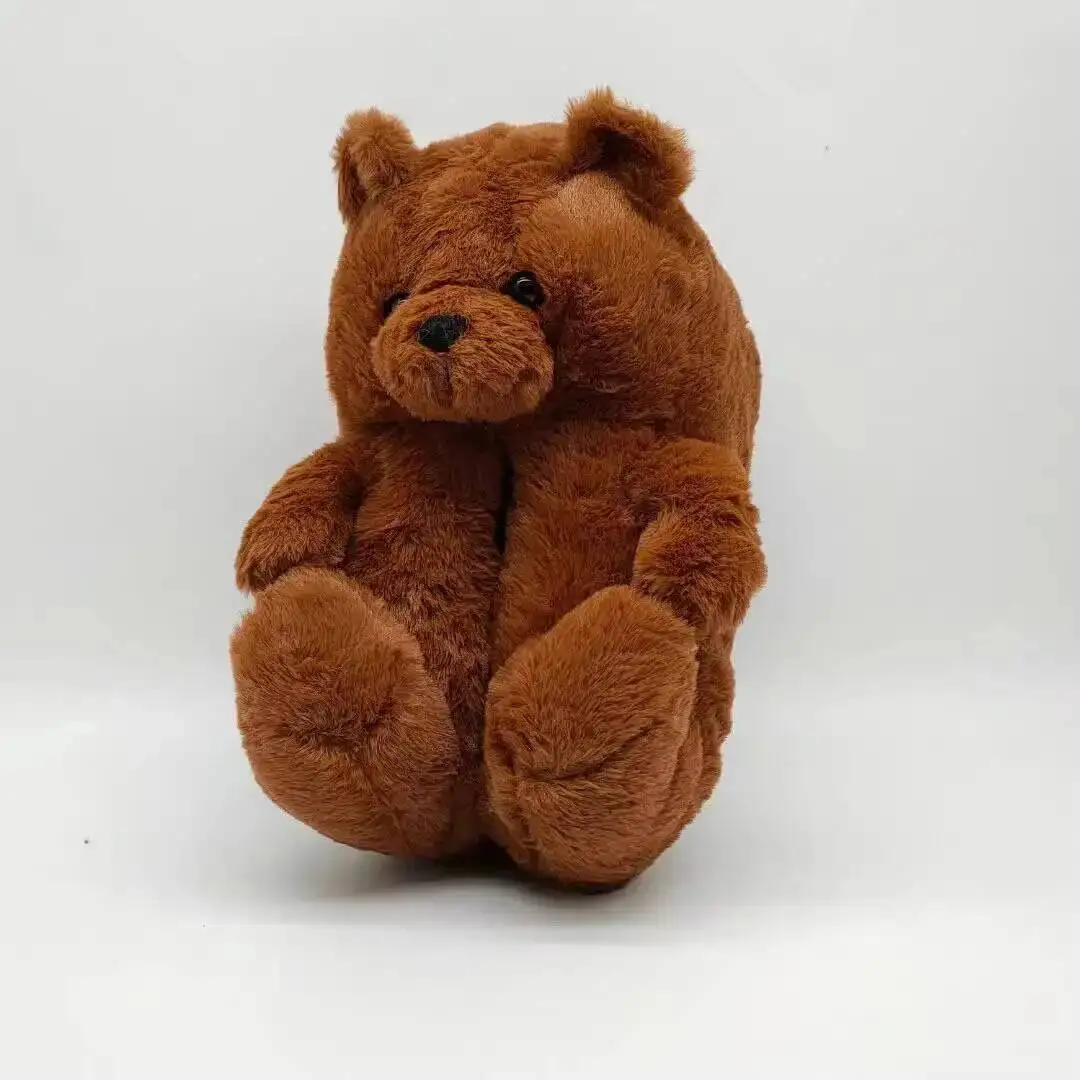 Pantofole da casa grandi con orso cartone animato Scarpe in cotone peluche con orso carino Pantofole da nido per uso domestico pelose calde coperte con tacco