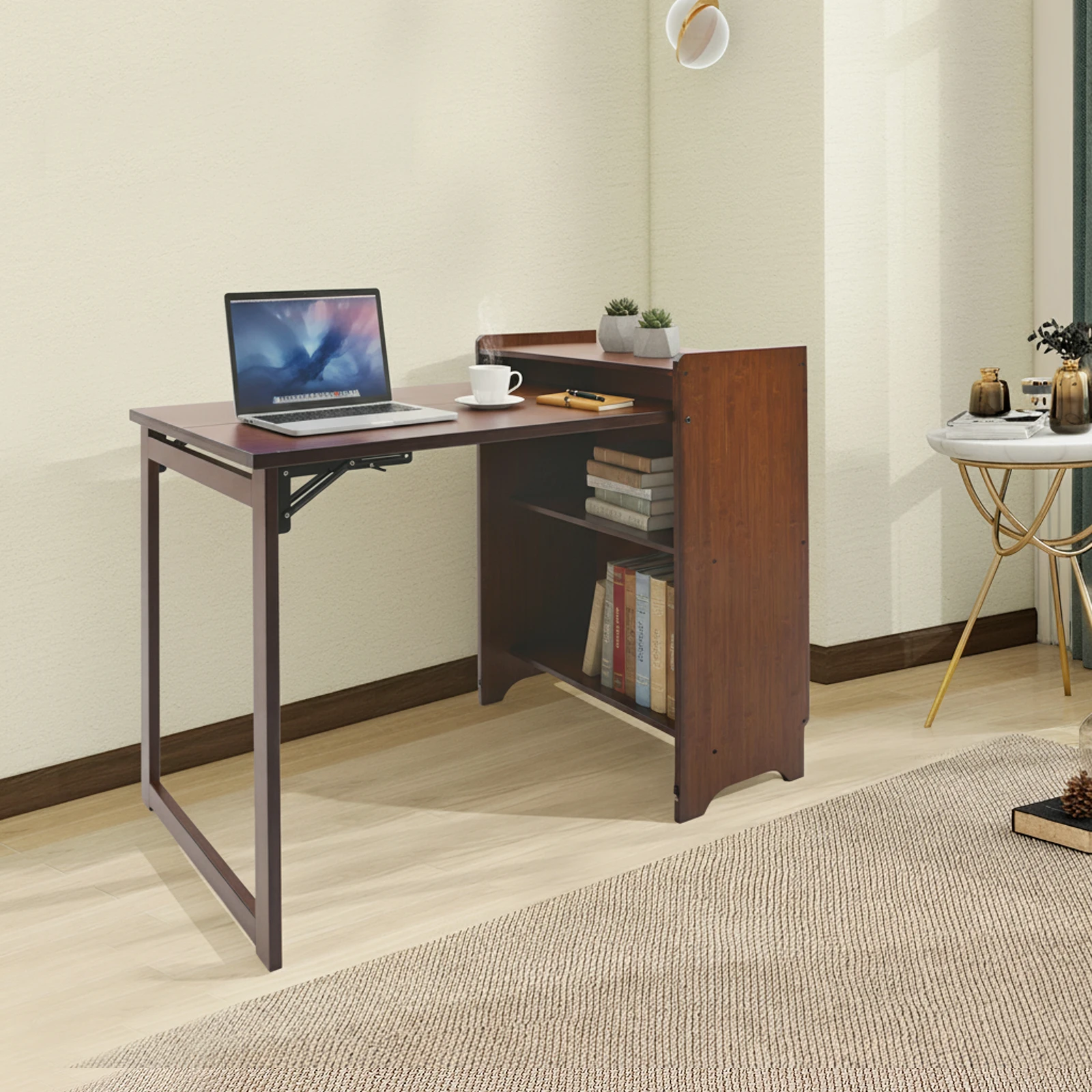 

Folding Desk with Storage Shelves, Floor Standing Classic Walnut Colored Bookcase with Drop Down Table, Hide Away Desk for Home, Bedroom, Study Office