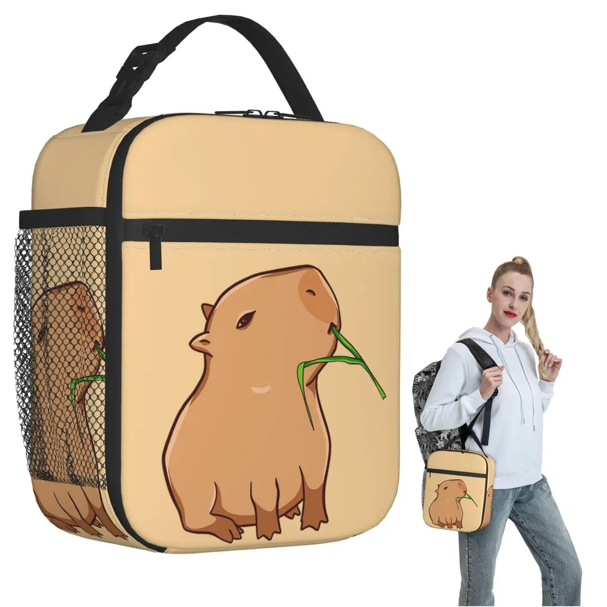 Capybara With A Leaf, Eat Your Greens Insulated Lunch Bag for Women Children Portable Food Boxes Thermal Lunch Box Tote
