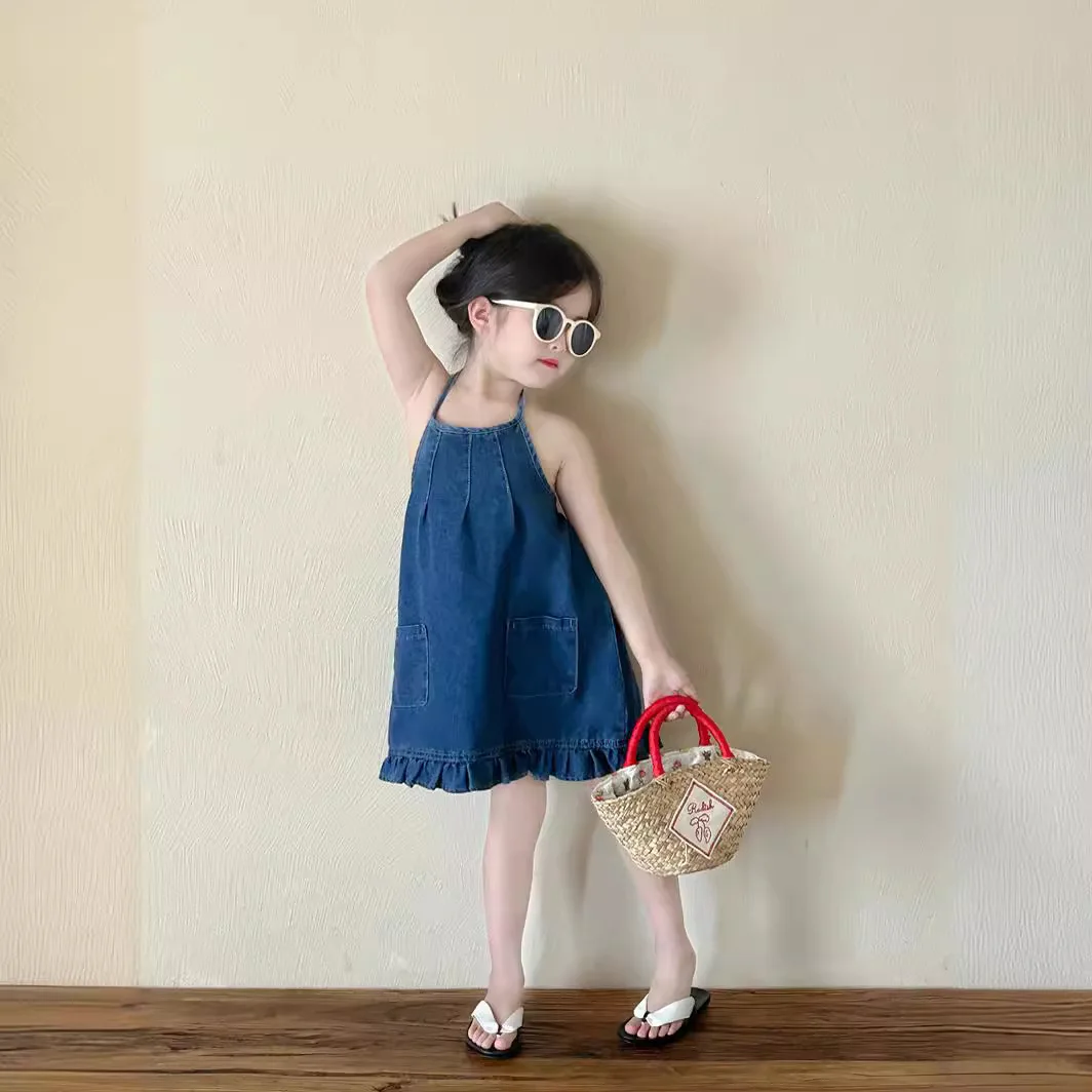 Children Skirt 2024 Summer Girls Western Style Strapless Denim Dress Children Korean Style Skirt Baby Slip Dress Clothes