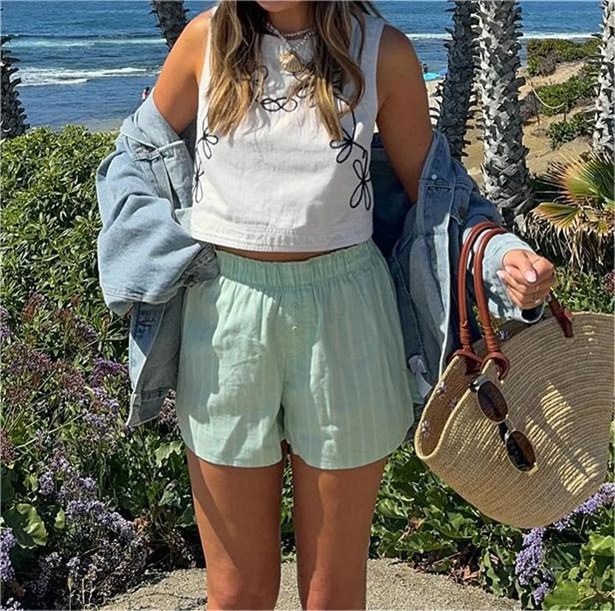 Fashion Lace Up Striped Shirts Sets Casual Turn-down Collar Lantern Long Sleeve Top High Waist Short Pants 2024 Summer Street