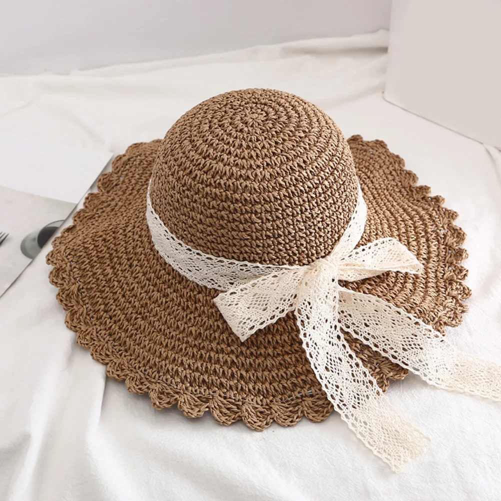 

Lace Bowknot Design Straw Hat Size M 56-58cm Wide Brim Summer Sun Protection Beach Outdoor Activities Straw Hat
