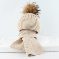 2024 Natural Raccoon Pompom Hat Scrarf Set For Kids Winter High Quality Soft Wool Beanies Boy Girl Baby Bonnet Knit Outdoor Cap