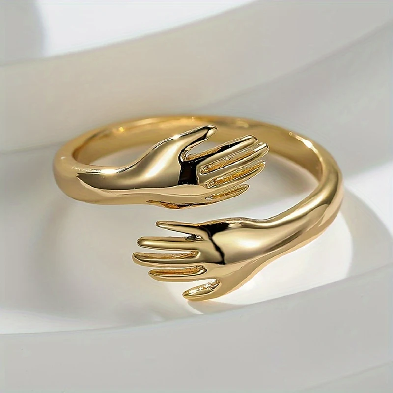 Huitan Adjustable Open Hug Rings Gold Color Hands Embrace Finger Ring Romantic Love Promise Jewelry Gift for Women Drop Shipping