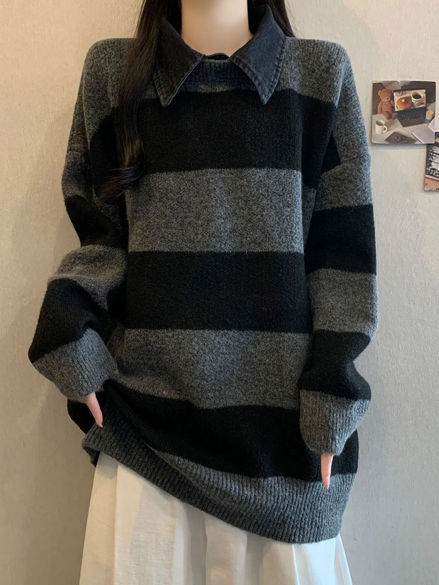 

Premium Large Size Women's Long Sve Striped Knit Sweater Autumn Winter Thiened Loose Fit Korean Sle Commute Faion