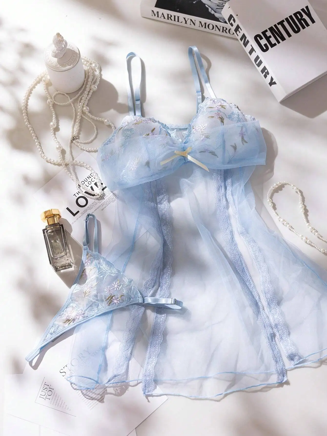 

Light Blue Floral Embroidered Sheer Lace Camisole & Thong Set