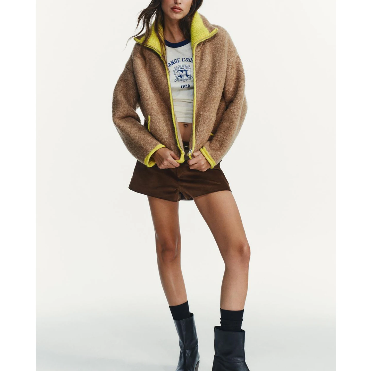 Autumn Winter Women's Casual High Collar Long Sve Color Blo Knitted Pilot Jaet Outerwear Stand Fit Zipper Closure P...