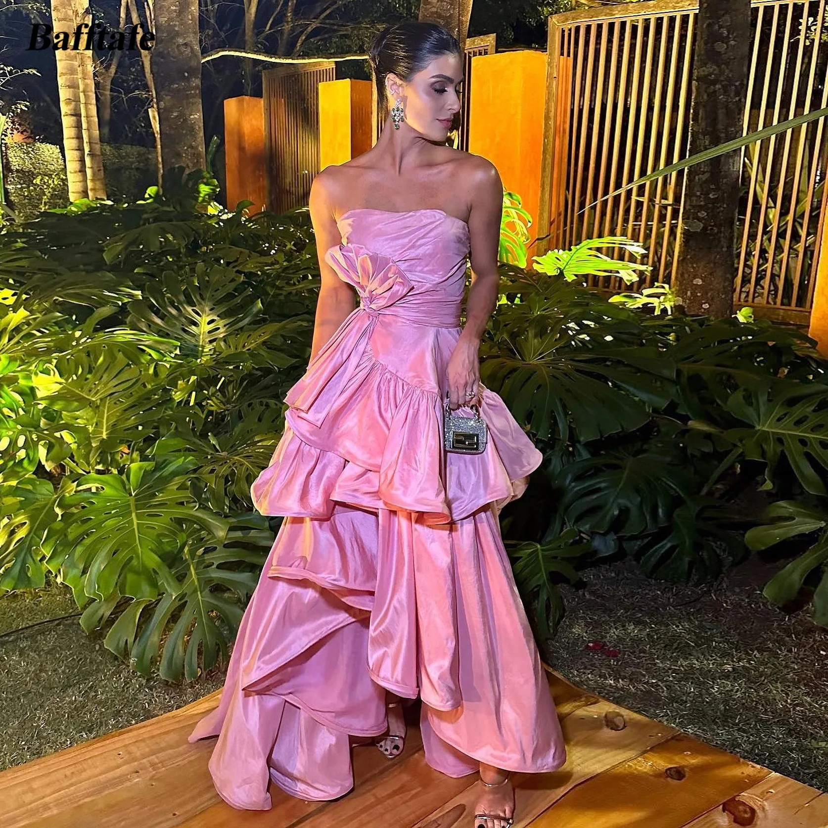 Bafftafe Pink Customized Evening Dresses Tiered Women Party Gowns Floor Length Formal Prom Gowns Special Event Dress 2024