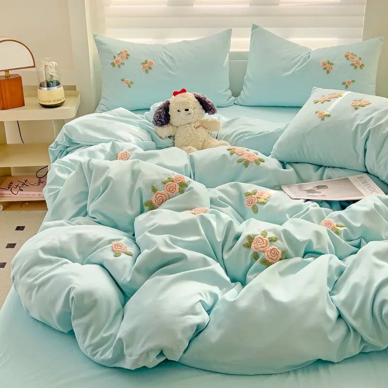 Conjunto de Roupa de Cama em Algodão Lavado Estilo INS, Capa de Edredom com Bordado de Toalha e Lençol Plano/Ajustável, Jogo de Cama para Todas as Estações com 3/4 Peças