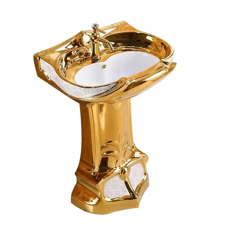 Electroplated Gold Floor Standing Washbasin Split Column Pedestal Sink Large Creative Bathroom Vanity Basin for Modern Home