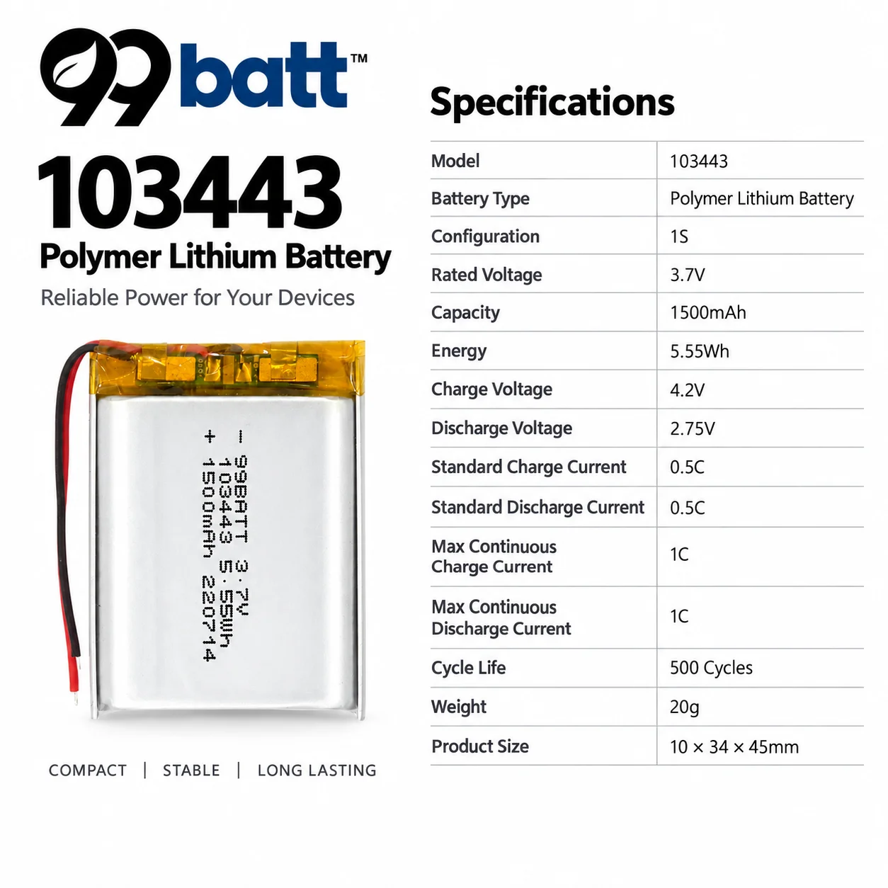 103443 3.7V 1500mAh 5.55Wh LiPo Battery Rechargeable Polymer Lithium Battery 10×34×45mm with PH2.0 Plug