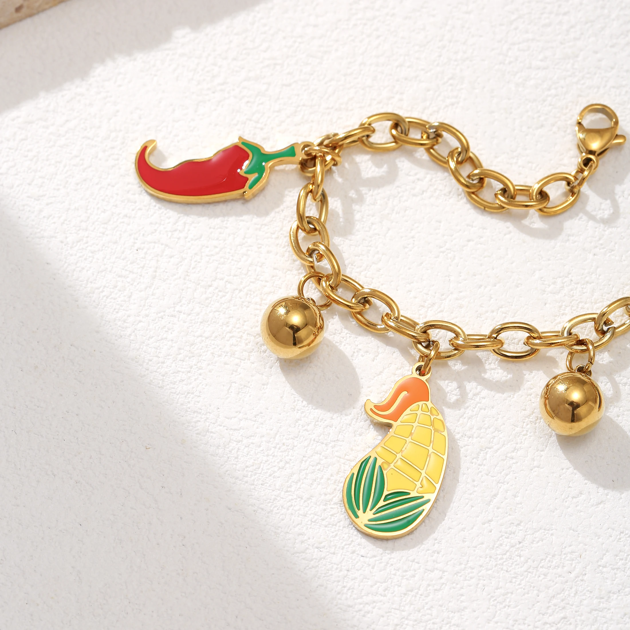 Golden Tone Stainless Steel Vegetable Charm Bracelet with Enamel Pepper and Corn Pendants for Women