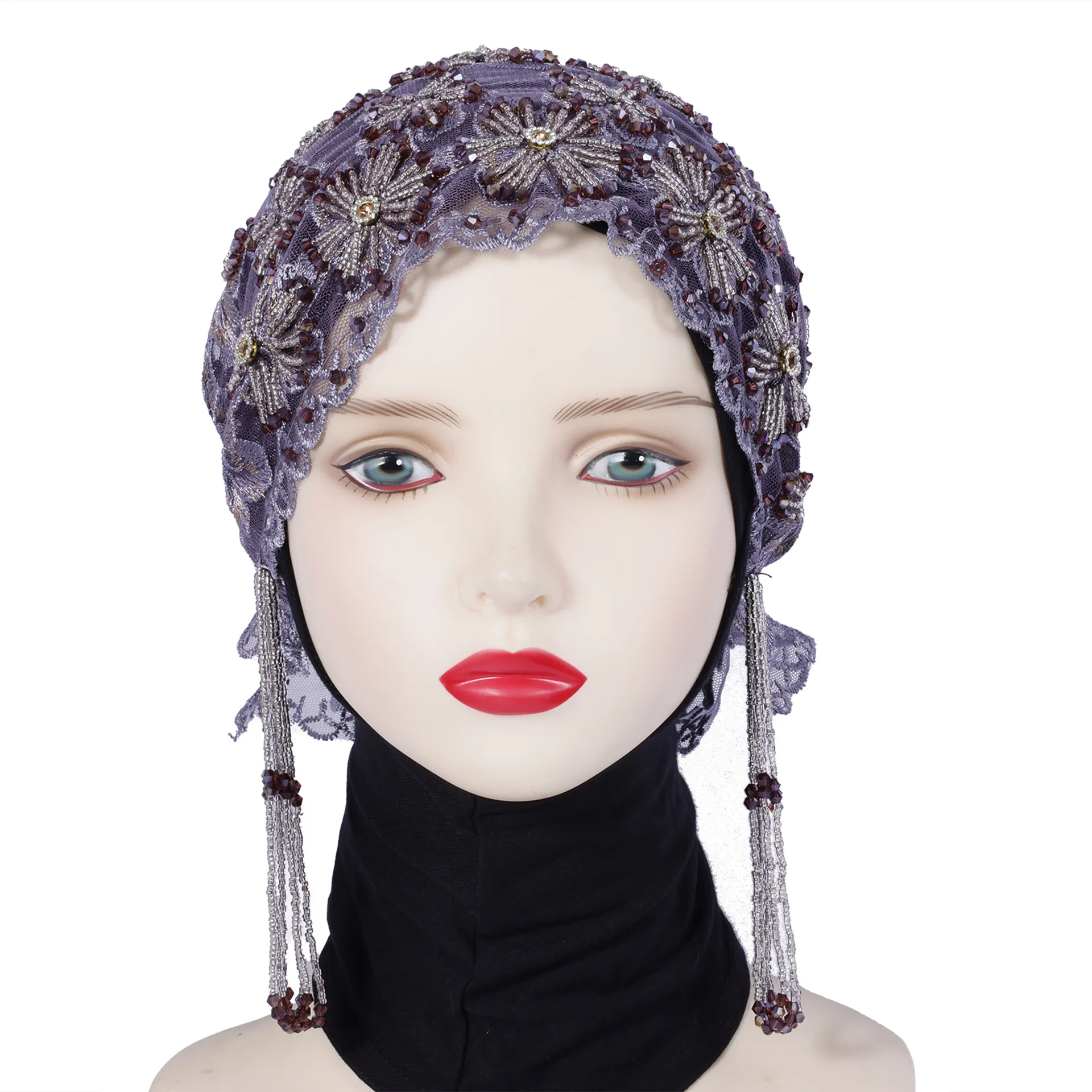 Nowa etniczna chusta na głowę z frędzlami, haftowana turban z koralikami, luksusowa czapka z frędzlami, damski muzułmański hidżab, koronkowa ozdoba na głowę na wesele, czapki typu beanie.